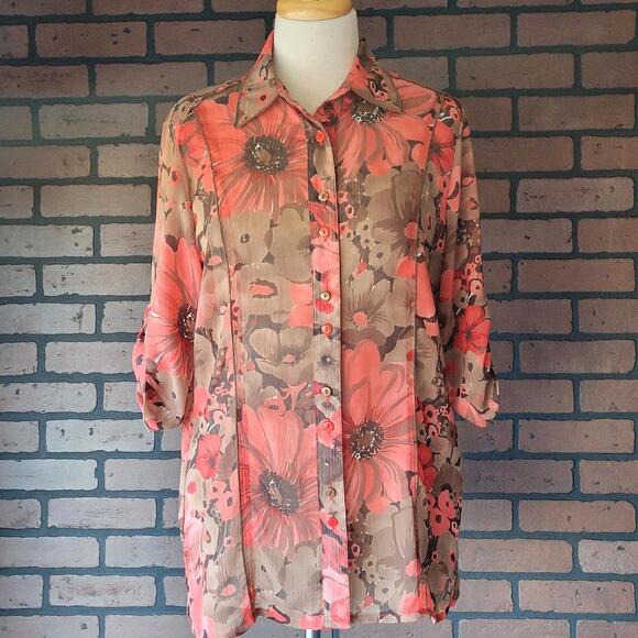 TanJay Tops - TanJay Tan Floral Button Down Shirt Size 8